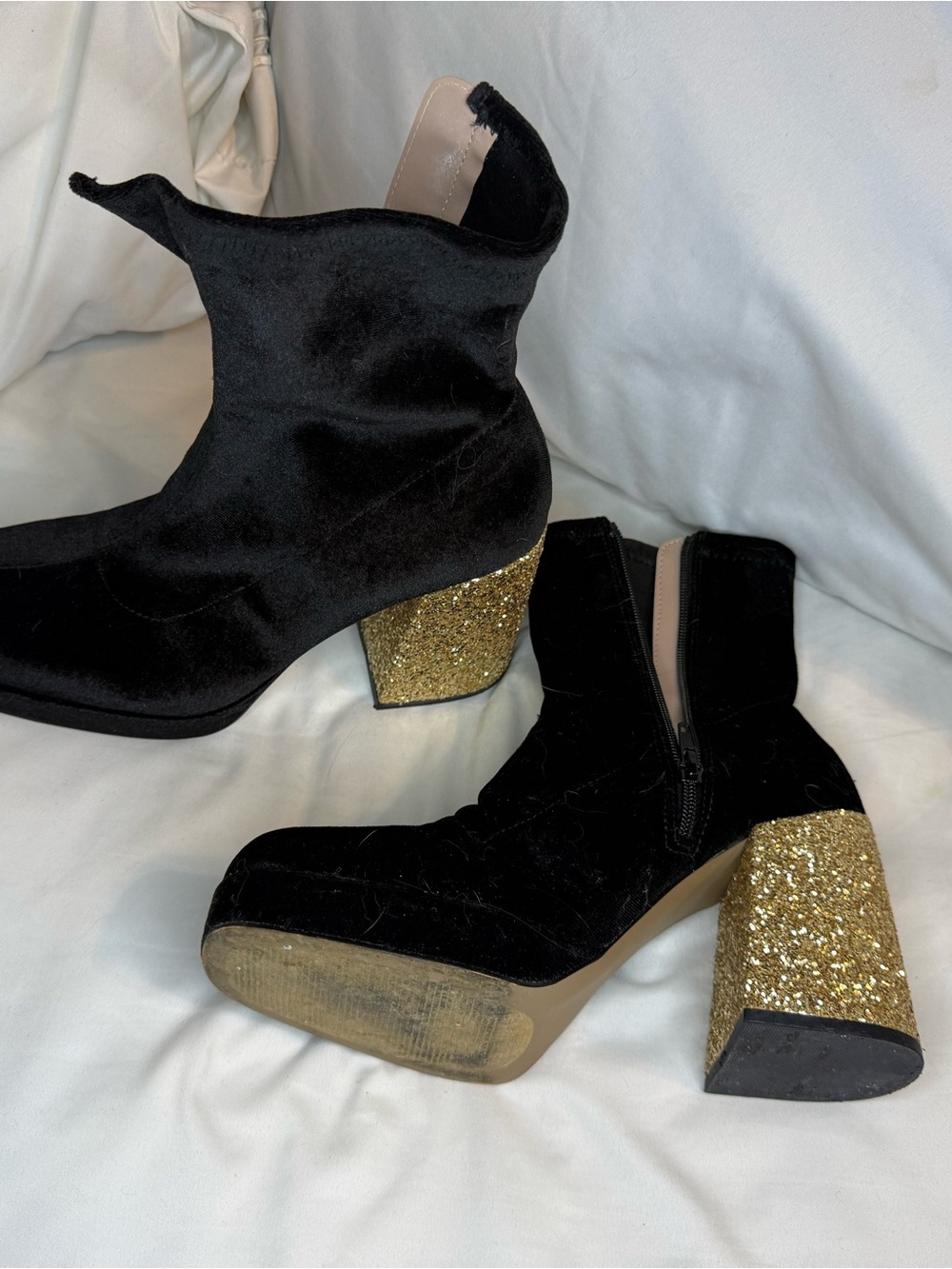 Betsey Johnson Black Velvet Ankle Boots with Gold Glitter Block Heels